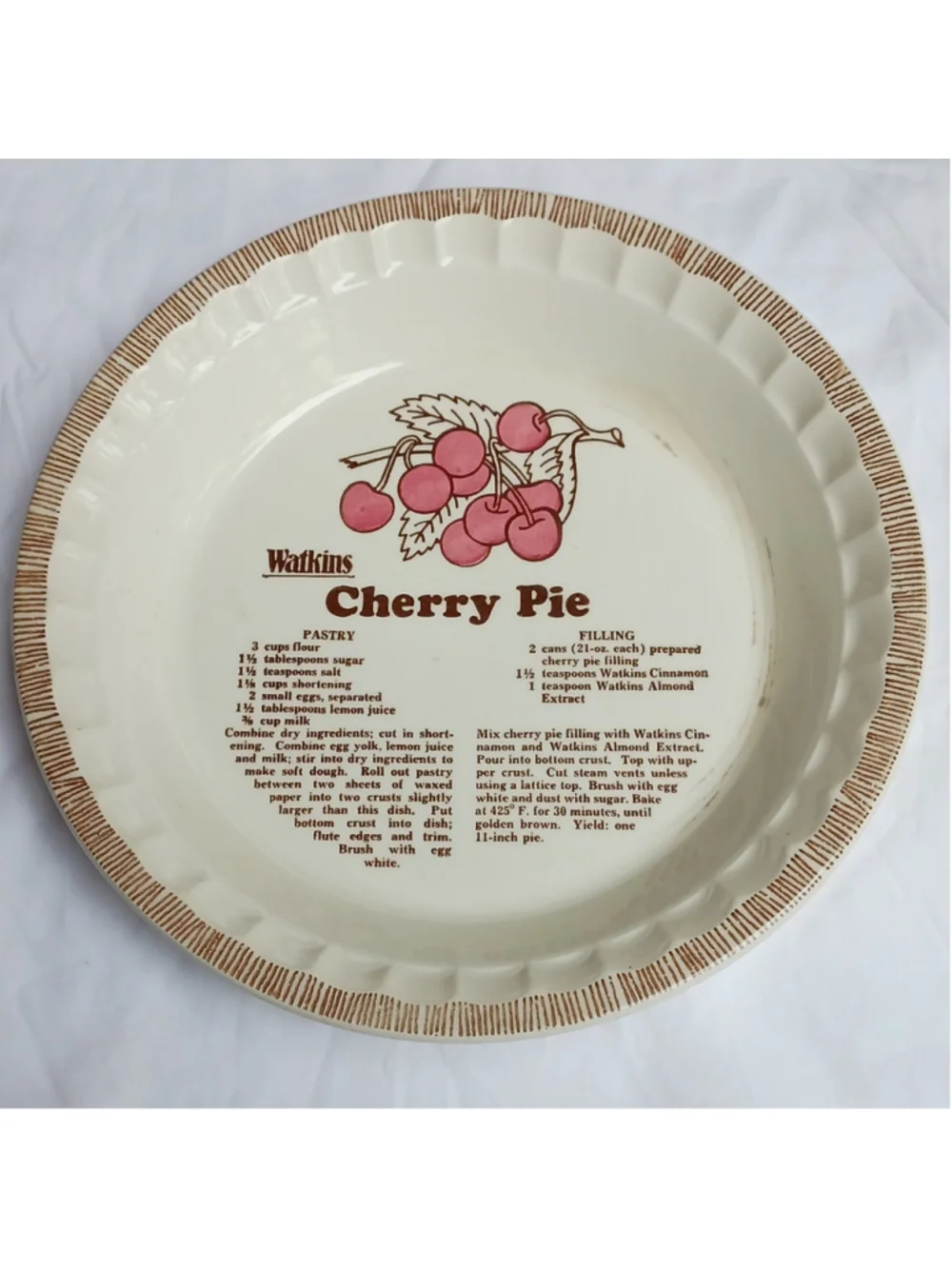 VTG Watkins Cherry Pie Recipe Ceramic Pie Dish 11